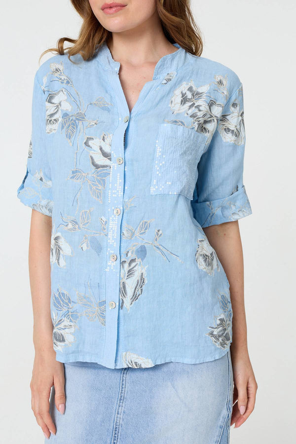Light Blue | Floral 3/4 Turn-Up Sleeve Blouse
