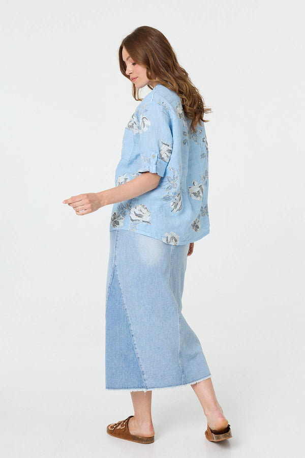 Light Blue | Floral 3/4 Turn-Up Sleeve Blouse