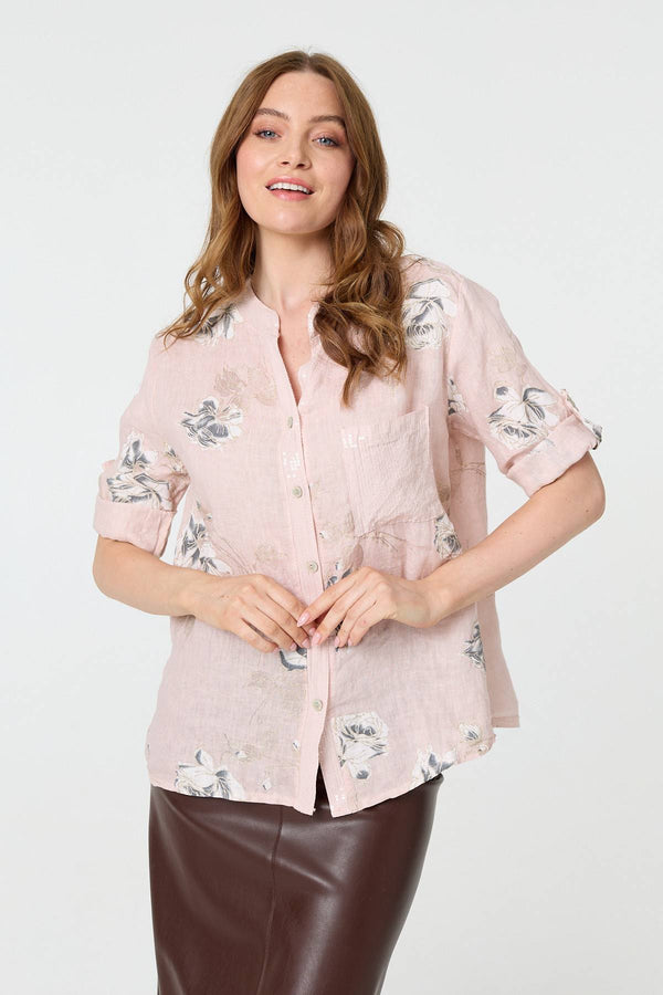 Pink | Floral 3/4 Turn-Up Sleeve Blouse