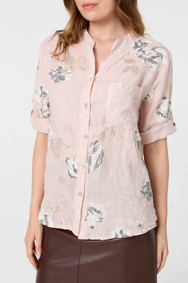 Pink | Floral 3/4 Turn-Up Sleeve Blouse