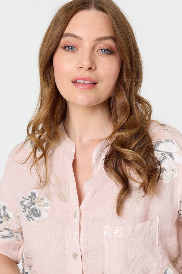 Pink | Floral 3/4 Turn-Up Sleeve Blouse
