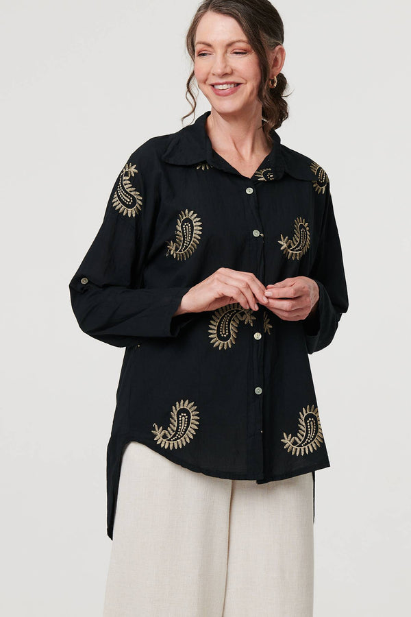 Black | Embroidered 3/4 Turn-Up Sleeve Shirt