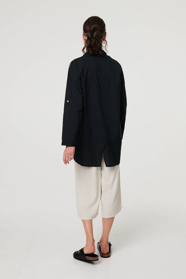 Black | Embroidered 3/4 Turn-Up Sleeve Shirt