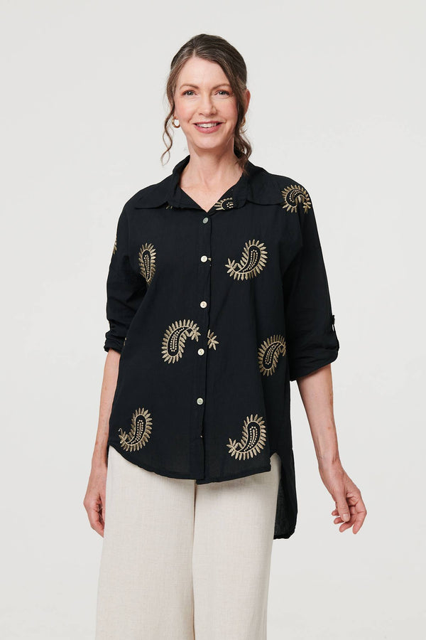 Black | Embroidered 3/4 Turn-Up Sleeve Shirt