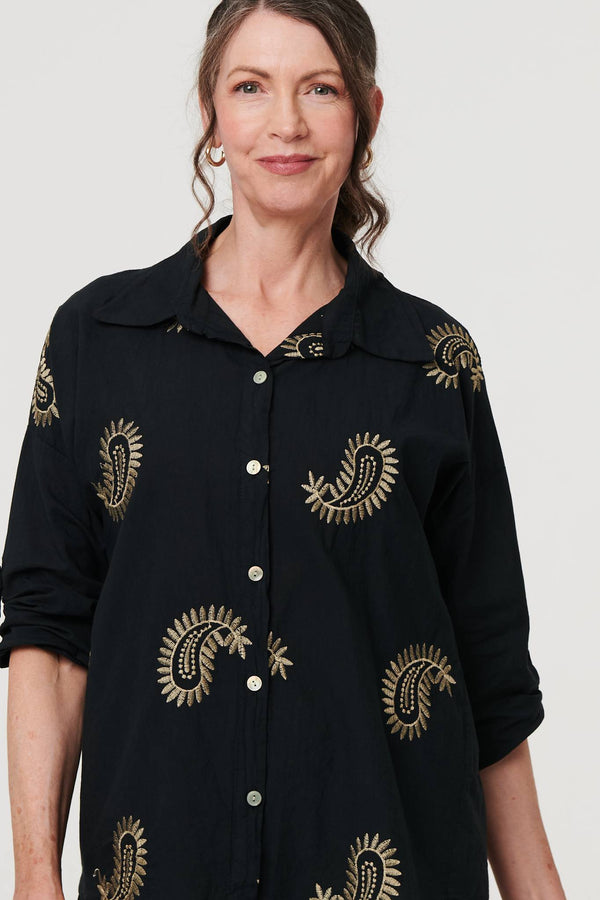 Black | Embroidered 3/4 Turn-Up Sleeve Shirt