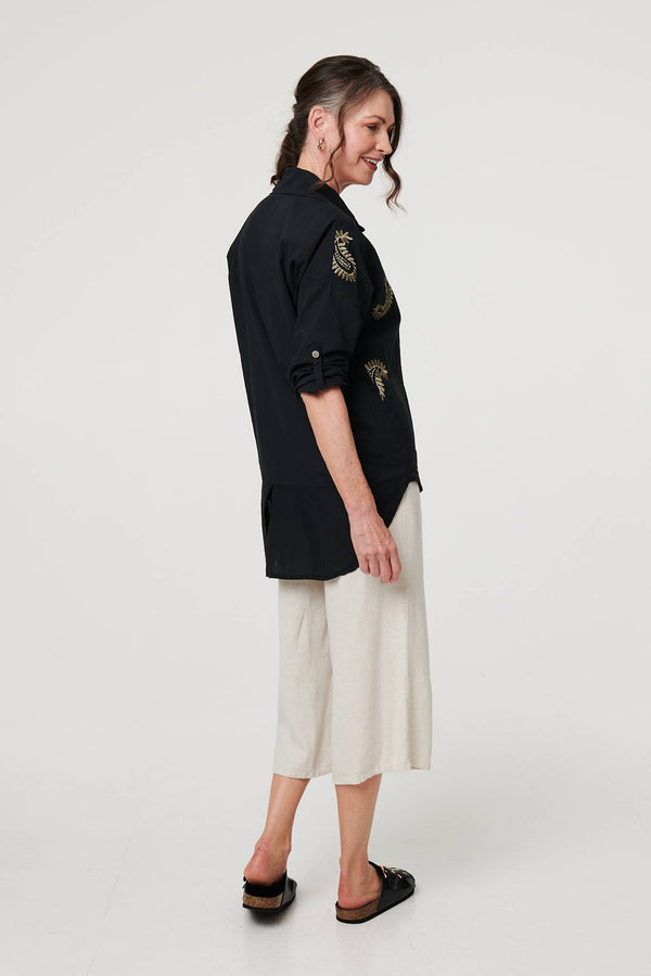 Black | Embroidered 3/4 Turn-Up Sleeve Shirt