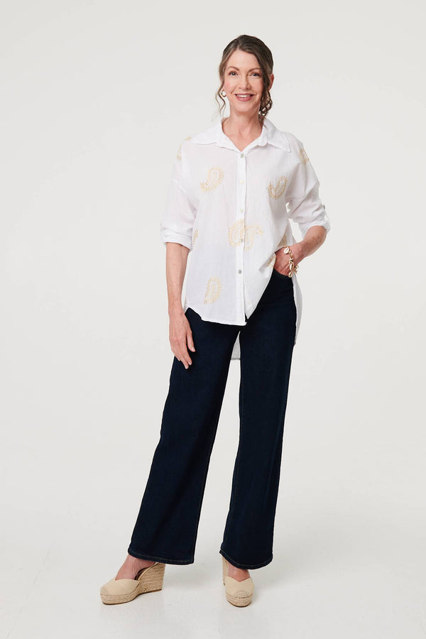 White | Embroidered 3/4 Turn-Up Sleeve Shirt