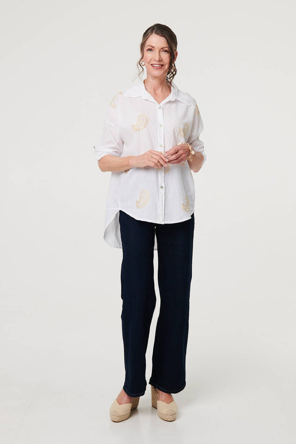 White | Embroidered 3/4 Turn-Up Sleeve Shirt