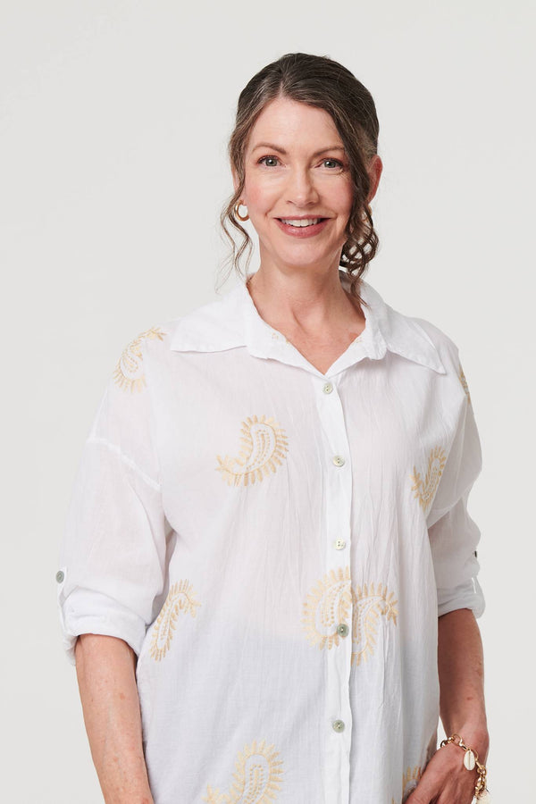 White | Embroidered 3/4 Turn-Up Sleeve Shirt