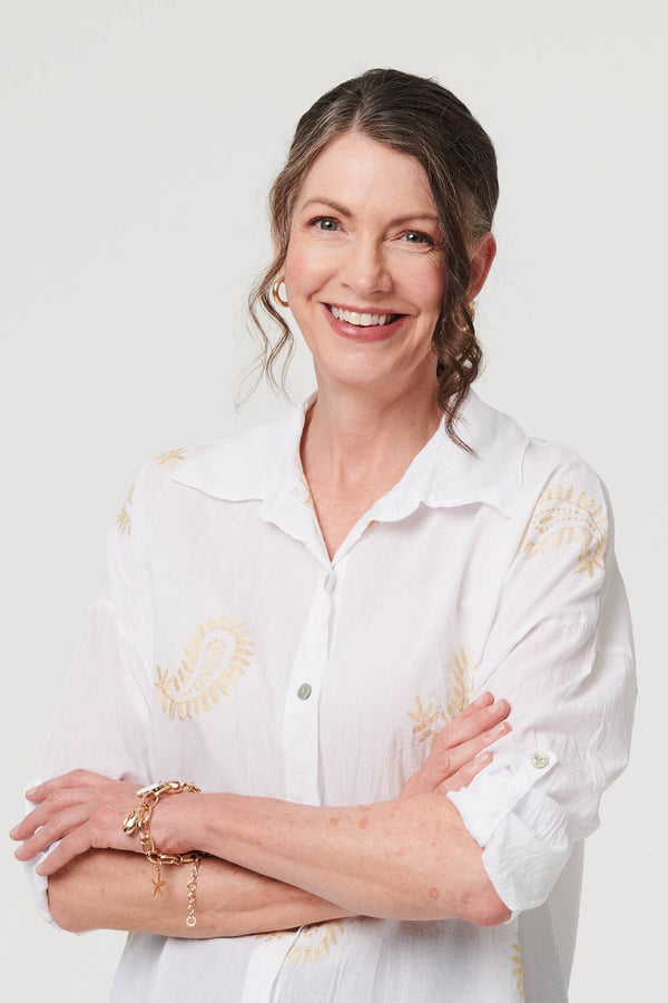 White | Embroidered 3/4 Turn-Up Sleeve Shirt