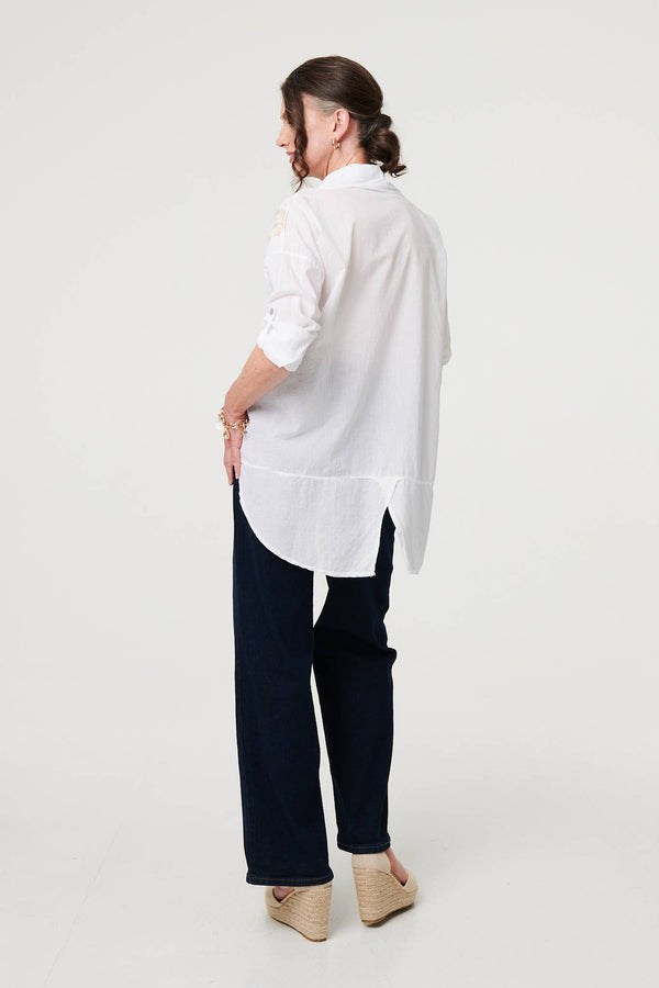 White | Embroidered 3/4 Turn-Up Sleeve Shirt