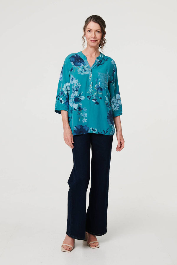 Blue | Floral Sequin Detail 3/4 Sleeve Blouse