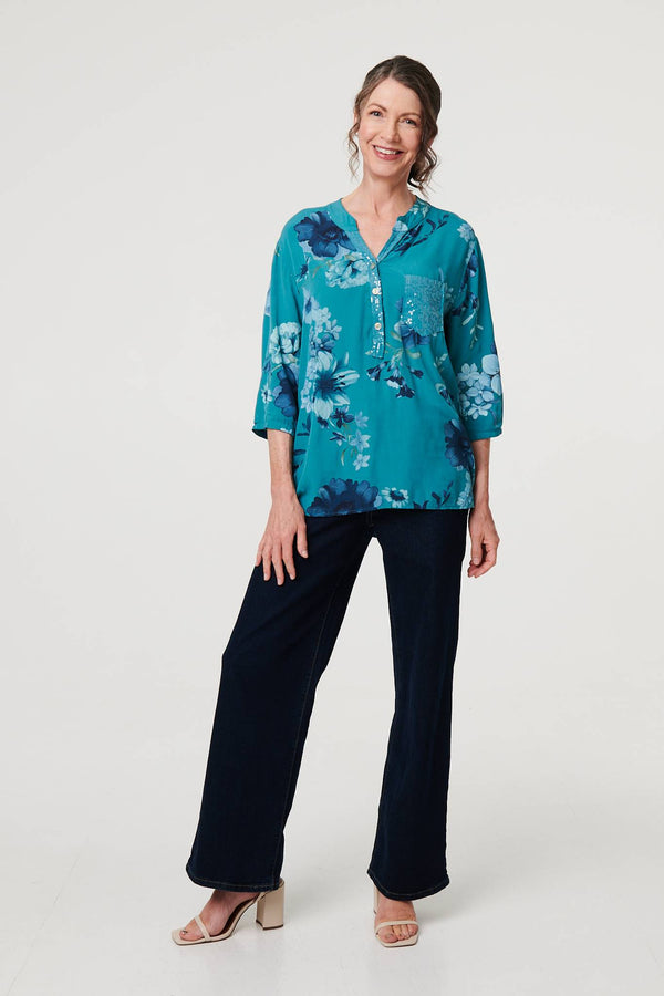 Blue | Floral Sequin Detail 3/4 Sleeve Blouse