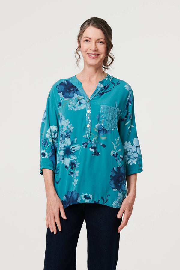 Blue | Floral Sequin Detail 3/4 Sleeve Blouse