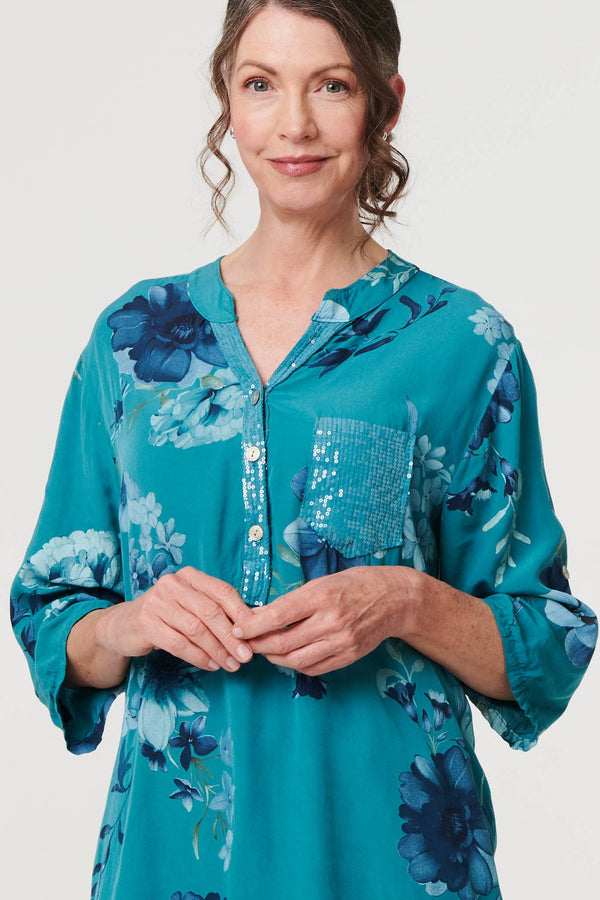 Blue | Floral Sequin Detail 3/4 Sleeve Blouse