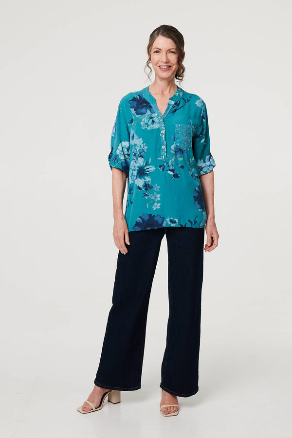 Blue | Floral Sequin Detail 3/4 Sleeve Blouse