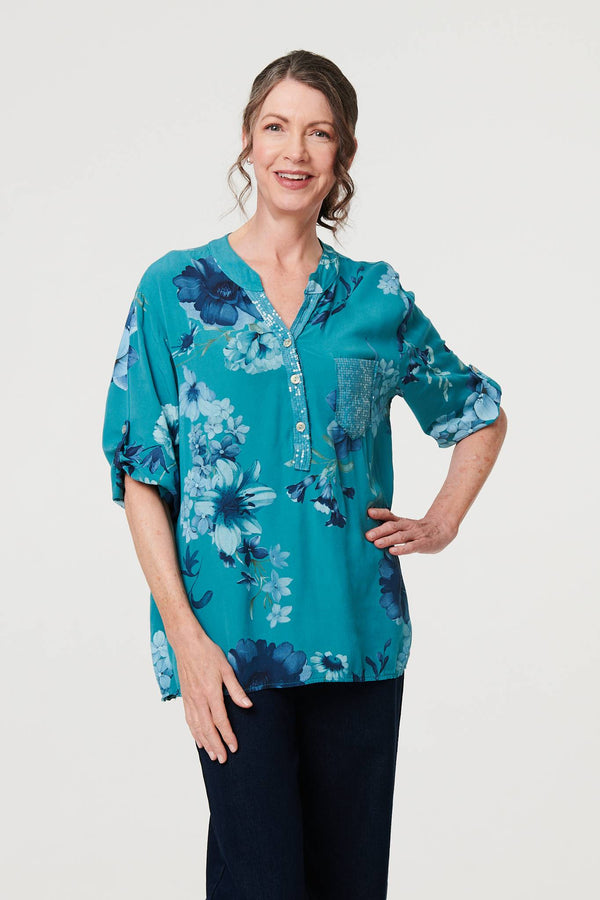 Blue | Floral Sequin Detail 3/4 Sleeve Blouse