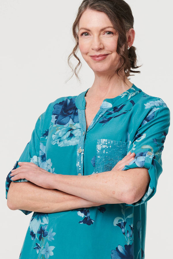 Blue | Floral Sequin Detail 3/4 Sleeve Blouse