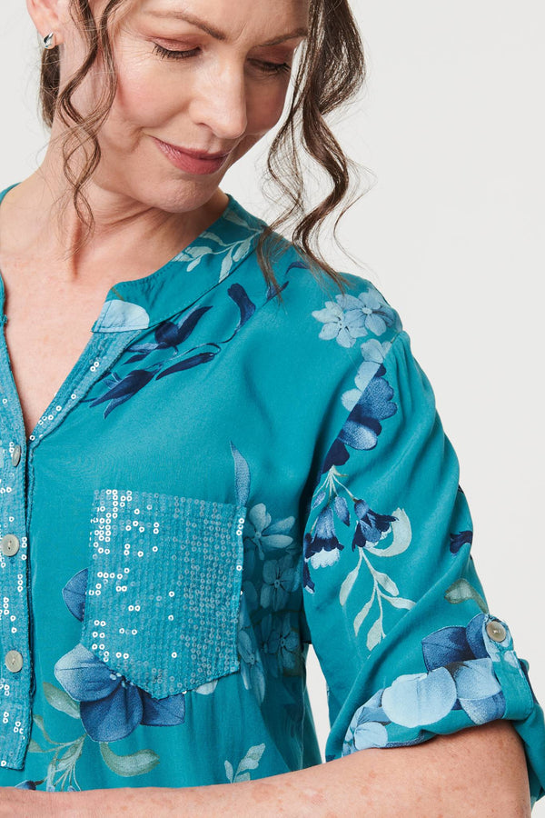 Blue | Floral Sequin Detail 3/4 Sleeve Blouse