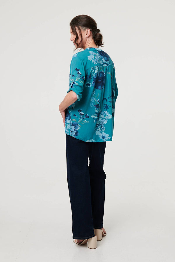Blue | Floral Sequin Detail 3/4 Sleeve Blouse