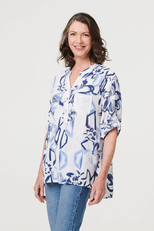 White | Floral Sequin Embellished Blouse Top