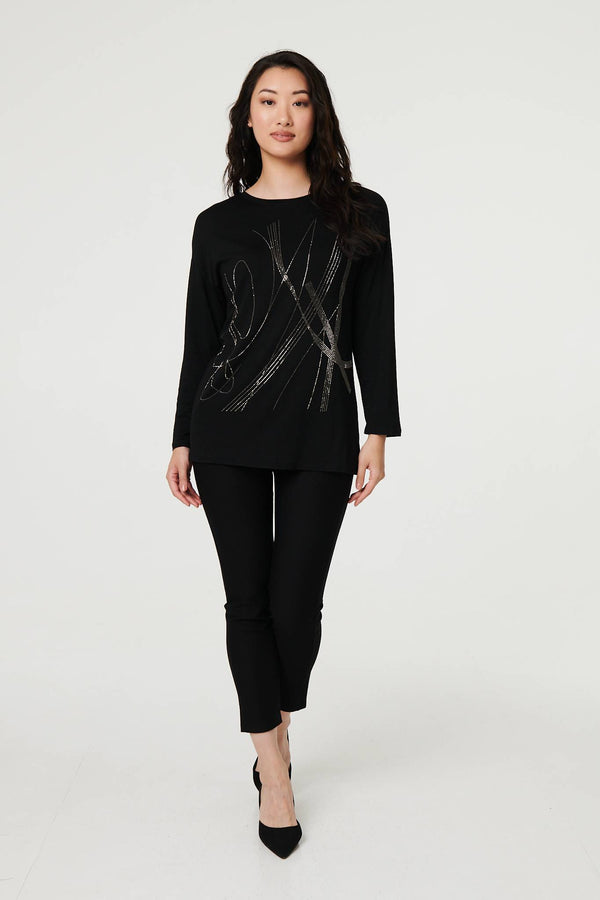 Black | Abstract Sparkly Long Sleeve Top