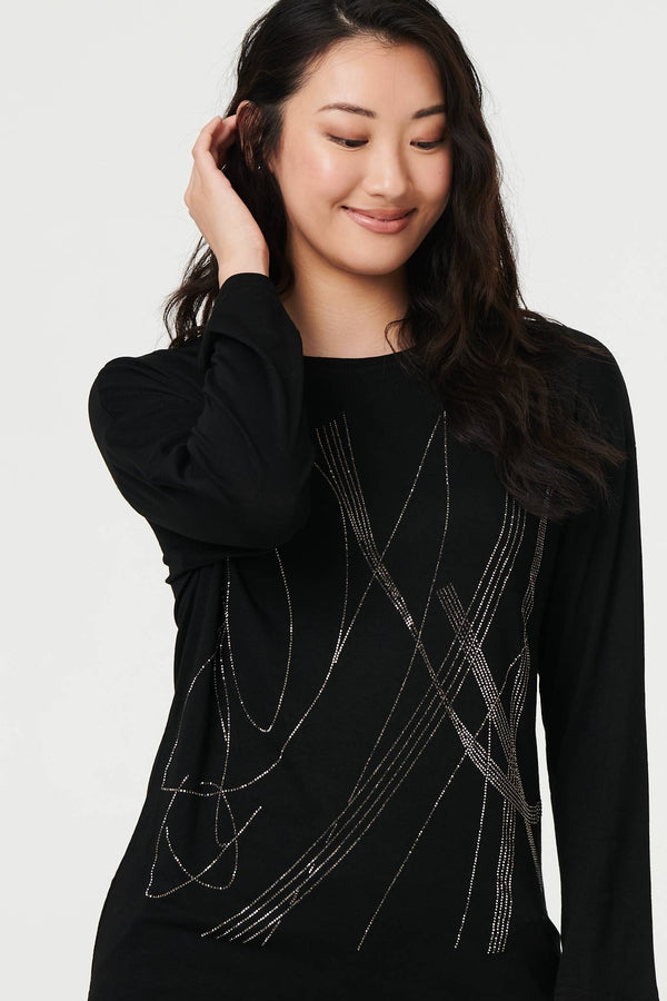 Black | Abstract Sparkly Long Sleeve Top