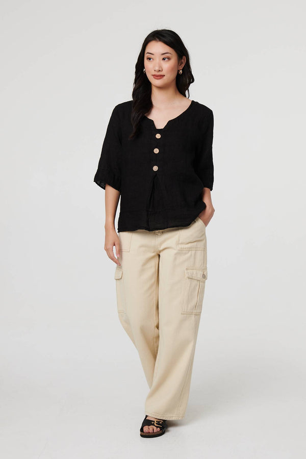 Black | Button Detail 3/4 Sleeve Relaxed Blouse