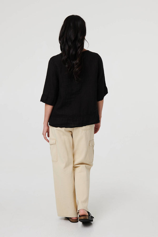 Black | Button Detail 3/4 Sleeve Relaxed Blouse