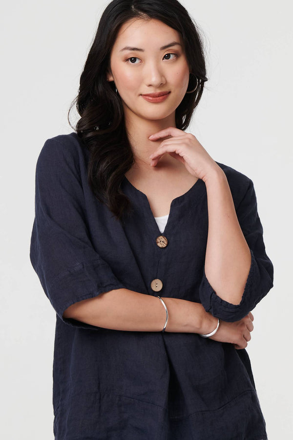 Navy | Button Detail 3/4 Sleeve Relaxed Blouse