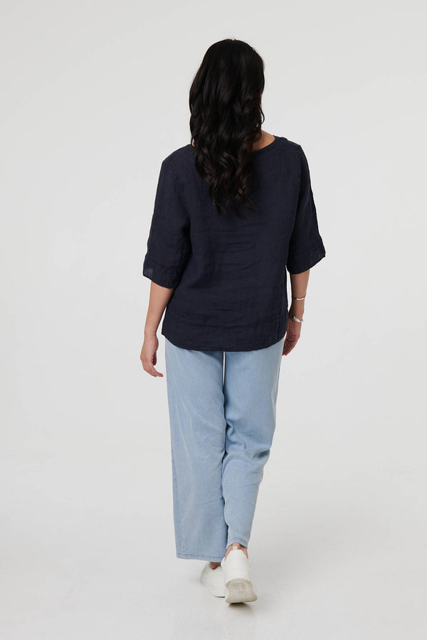 Navy | Button Detail 3/4 Sleeve Relaxed Blouse