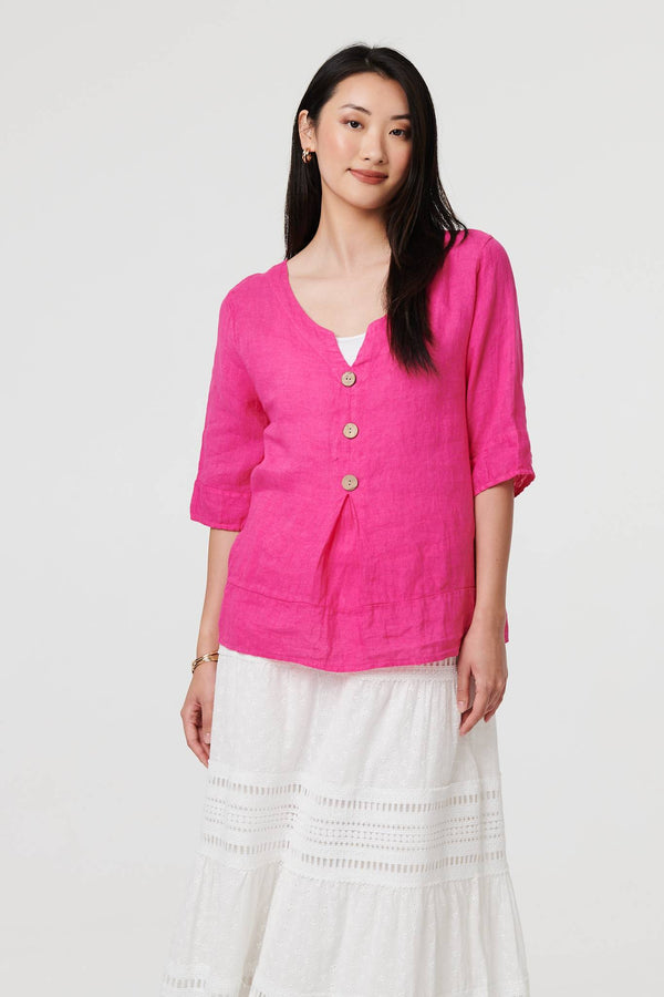 Pink | Button Detail 3/4 Sleeve Relaxed Blouse