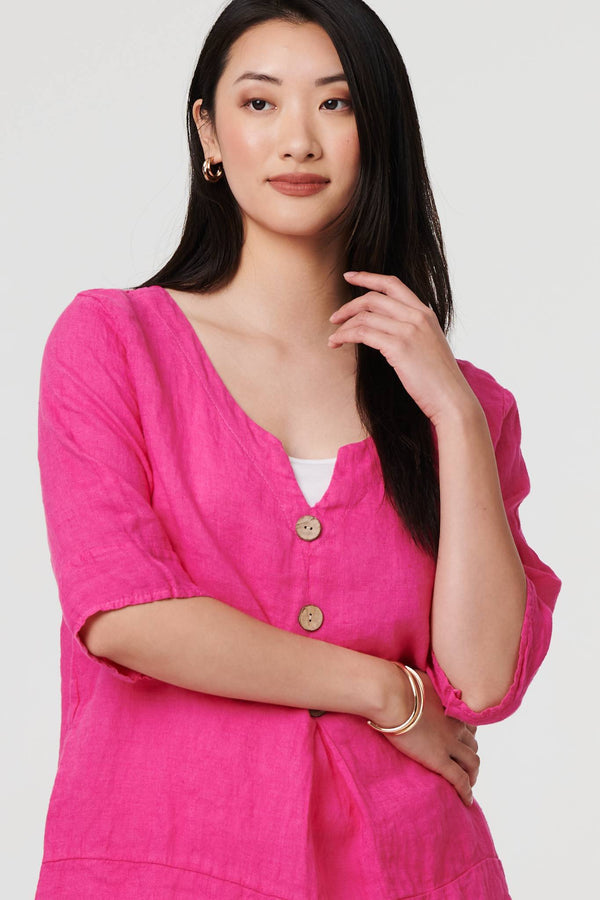 Pink | Button Detail 3/4 Sleeve Relaxed Blouse