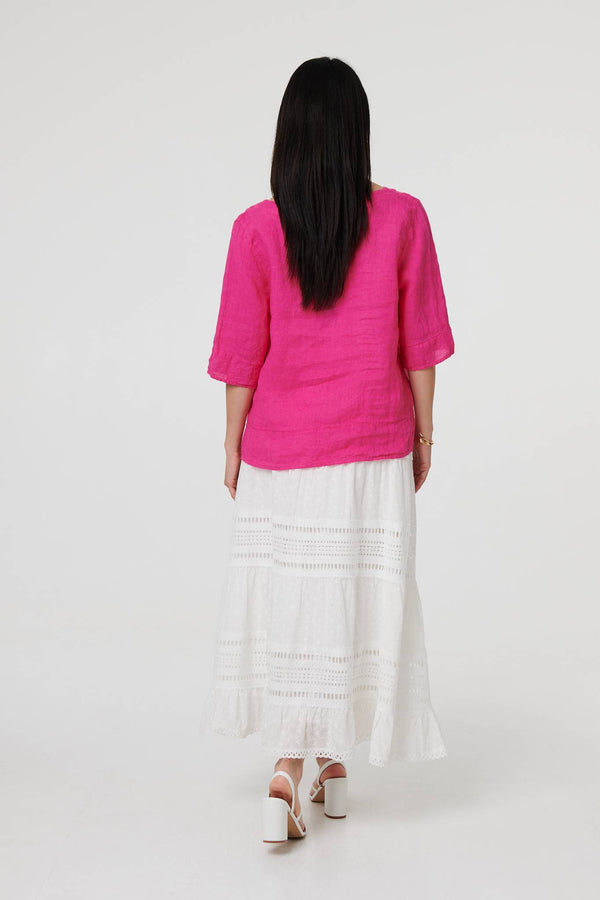 Pink | Button Detail 3/4 Sleeve Relaxed Blouse