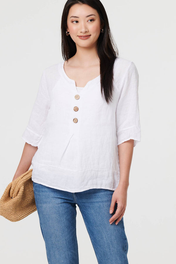 White | Button Detail 3/4 Sleeve Relaxed Blouse