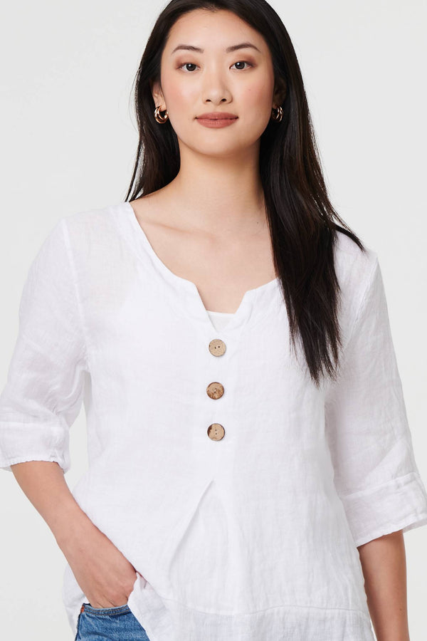 White | Button Detail 3/4 Sleeve Relaxed Blouse