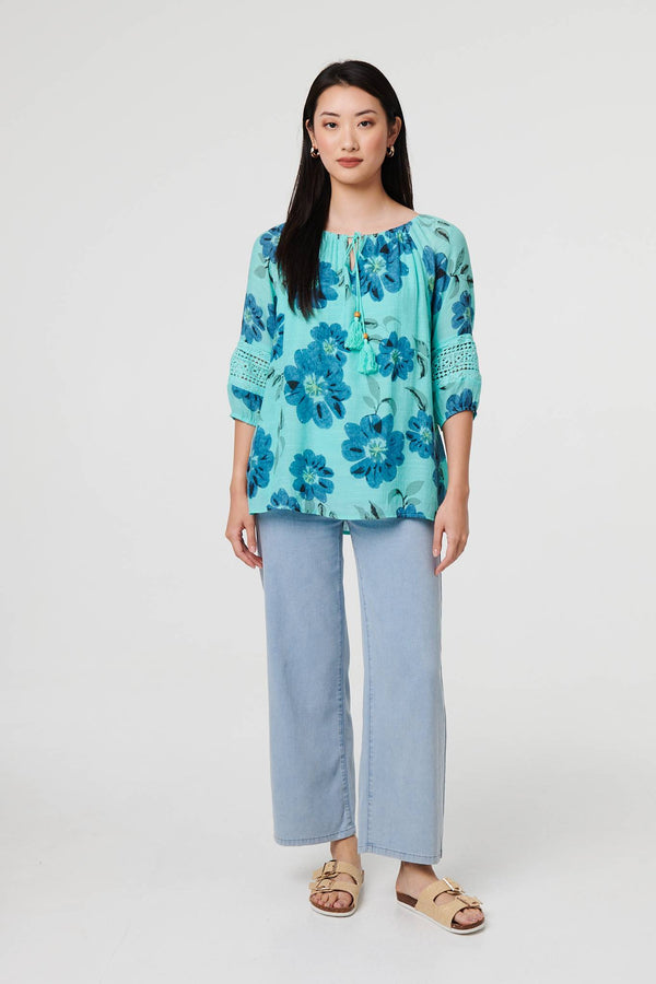 Blue | Floral Lace Trim Tie Front Bardot Blouse