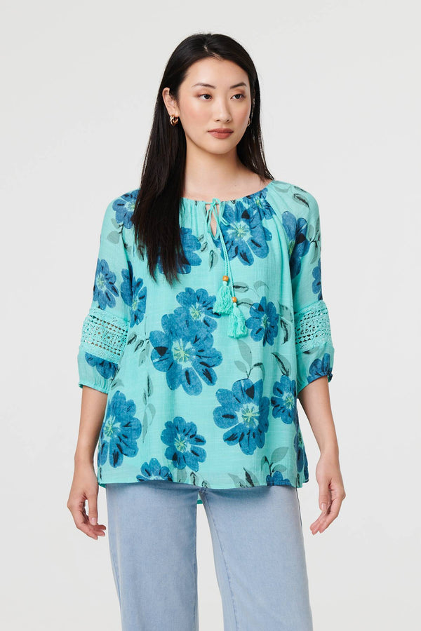 Blue | Floral Lace Trim Tie Front Bardot Blouse