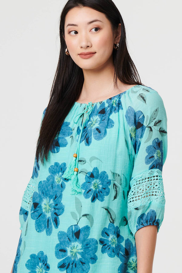 Blue | Floral Lace Trim Tie Front Bardot Blouse