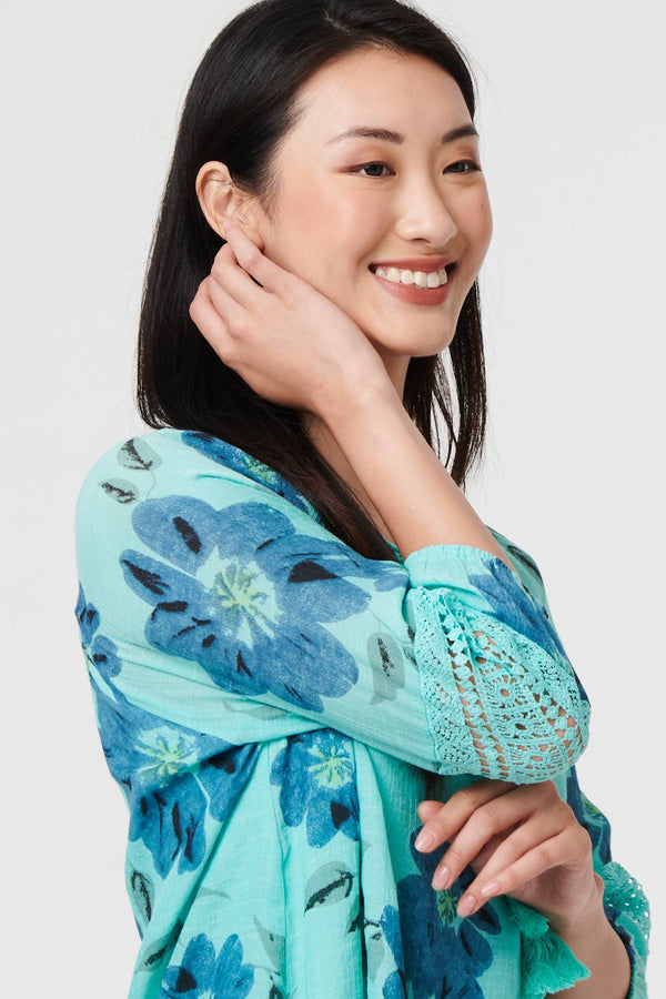 Blue | Floral Lace Trim Tie Front Bardot Blouse