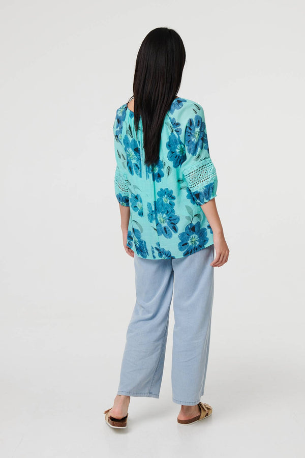 Blue | Floral Lace Trim Tie Front Bardot Blouse