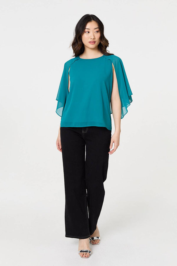 Teal | Semi Sheer Cut Out 3/4 Sleeve Blouse