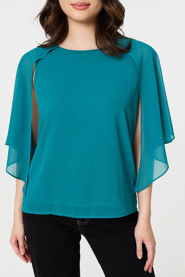 Teal | Semi Sheer Cut Out 3/4 Sleeve Blouse