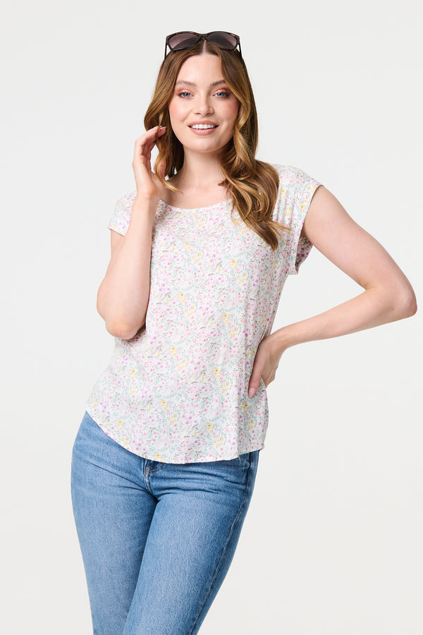 White | Ditsy Floral Cap Sleeve Shell Top