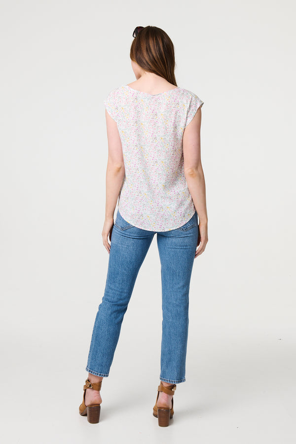 White | Ditsy Floral Cap Sleeve Shell Top