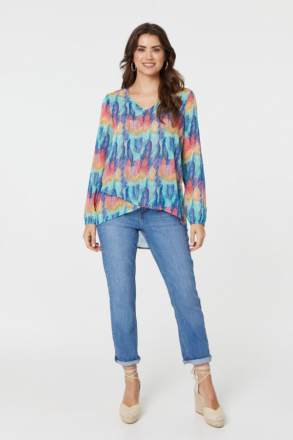 Blue | Leaf Print Long Sleeve Layered Hem Top