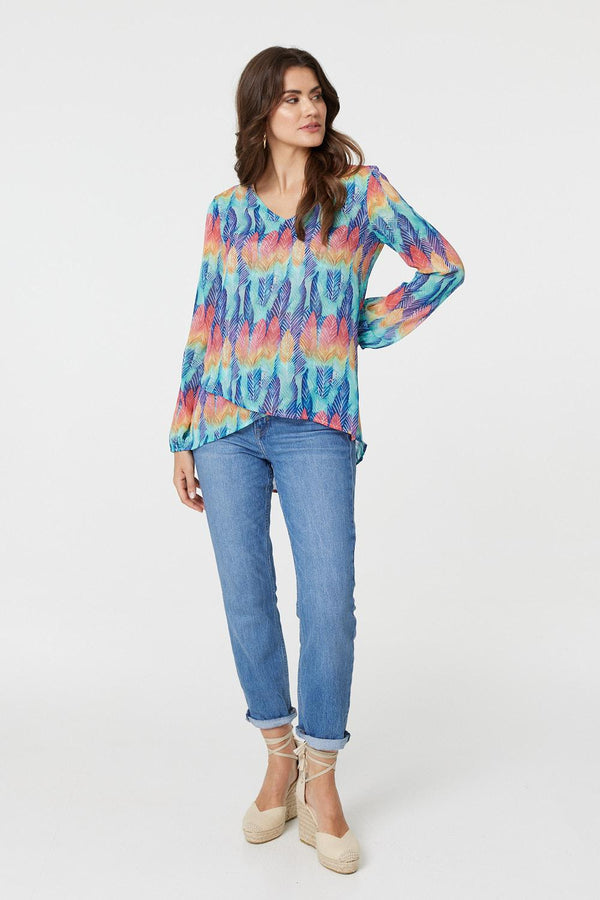 Blue | Leaf Print Long Sleeve Layered Hem Top