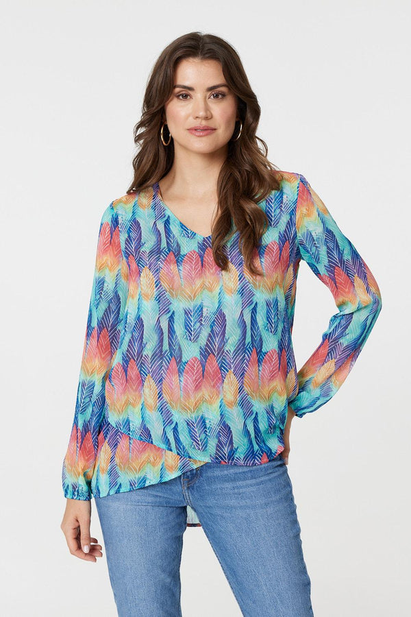 Blue | Leaf Print Long Sleeve Layered Hem Top