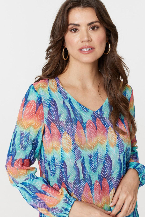 Blue | Leaf Print Long Sleeve Layered Hem Top