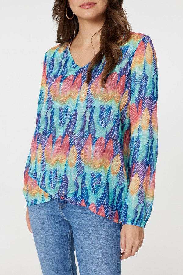 Blue | Leaf Print Long Sleeve Layered Hem Top
